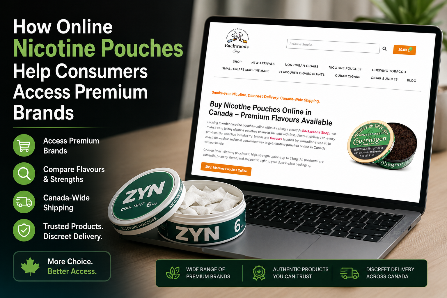 Backwoods Shop nicotine pouches website on laptop