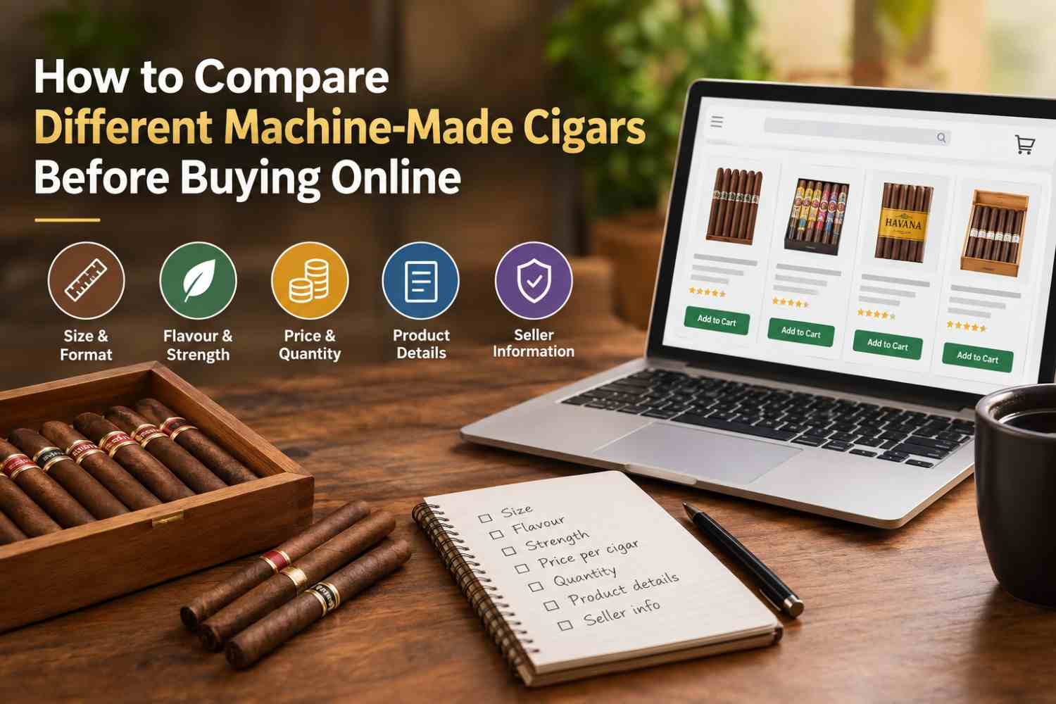 Machine-made cigars with laptop and comparison checklist.